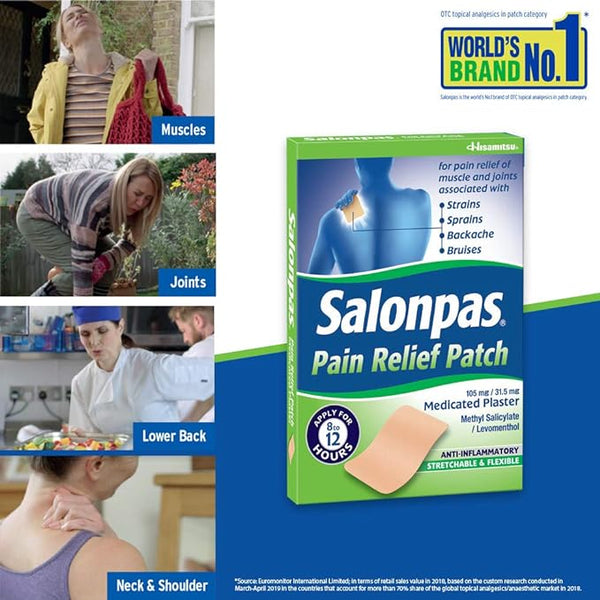 An ad for Salonpas Pain Relief Patch - Medicated Plaster (3 Pack) shows a man using a neck patch, a woman with back pain, another massaging her arm, and a man applying it to his shoulder, highlighting its joint and muscle pain relief benefits.