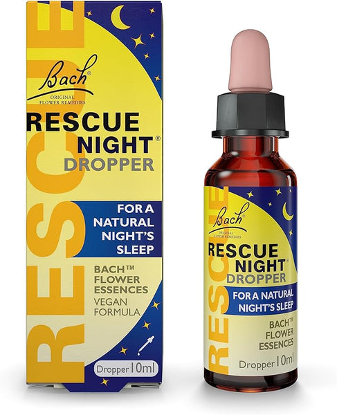 The Bach Rescue Remedy Night Drops (10ml) by Rescue offer emotional support with RESCUE flower essences. The blue and yellow packaging, with a crescent moon and stars, highlights its vegan formula for a natural nights sleep. Suitable for vegans.