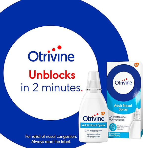 Image shows Otrivine Decongestant Nasal Spray (10ml) with packaging. Text: Otrivine Unblocks in 2 minutes. Contains 0.1% xylometazoline hydrochloride for congestion relief. Important: Always read the label.