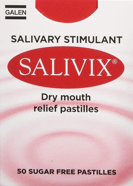 Salivix Dry Mouth Pastilles packaging showcases an oval red logo with the text Dry Mouth Relief Pastilles. It contains 50 sugar-free pastilles and prominently features Galen in the upper left corner, ideal for dry mouth relief.