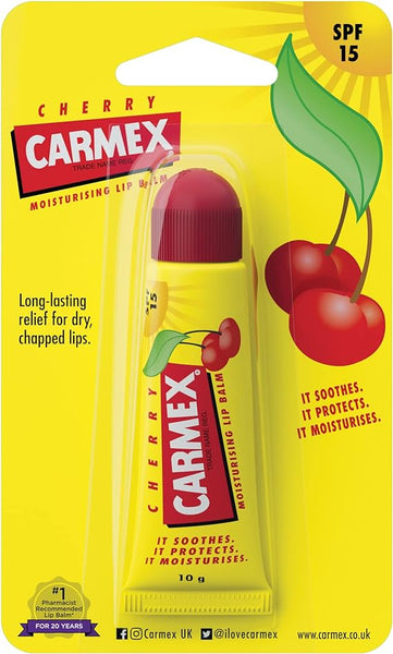 A Carmex Cherry Lip Balm Tube (10g) is showcased in yellow packaging with cherries, emphasizing its cherry flavor and SPF 15 for sun protection. It soothes, protects, and moisturizes, offering long-lasting relief for dry, chapped lips.