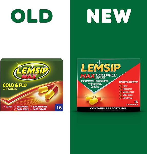 A comparison of Lemsip Max Cold & Flu (16 Capsules) packaging shows the old yellow/red design on the left. The new design emphasizes cold and flu relief with a green background, red accents, and information on symptoms like nasal congestion.