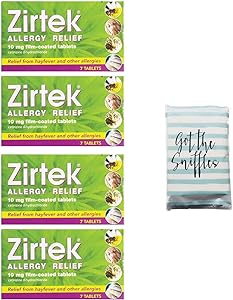 Four packs of Zirtek Allergy Relief (7 tablets per pack, 4 weeks supply), known for providing effective non-drowsy hayfever relief, are stacked vertically beside a tissue box labeled "Got the Sniffles" on the front.