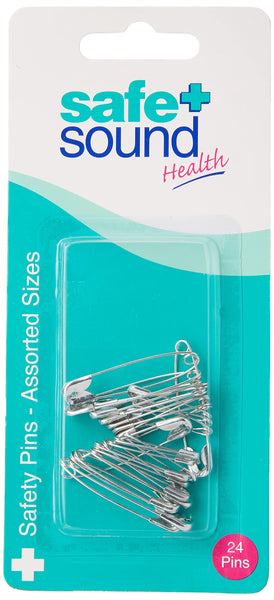 Safe and Sound Safety Pins - Assorted Sizes (24 pins) by Safe and Sound come in a clear case with teal and white packaging, providing reliable fastening with 24 silver safety pins in various sizes.
