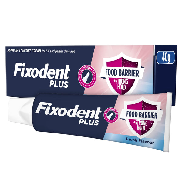 Image of a Fixodent Plus - Food Barrier Strong Hold (40g) package and tube highlighting features like Precision Tip, Strong Hold, and Fresh Flavour. These elements underscore its effectiveness for secure dentures, emphasizing Fixodents reliable denture adhesives with Dual Protection.