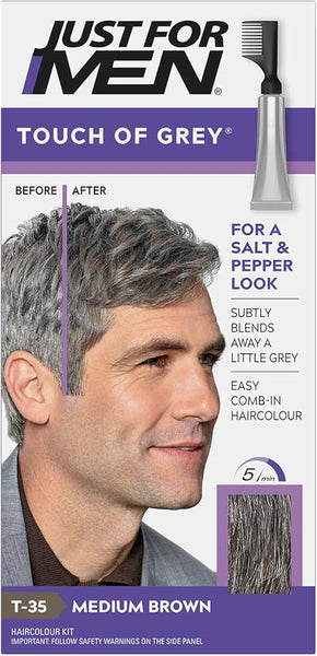 Sure! Here’s a rewrite of the sentence using your product data: A box of Just For Men Touch of Grey - Medium Brown T-35 (1) by Just For Men, featuring a before-and-after photo that highlights reduced grey hair. The product details emphasize its easy comb-in application and gradual coloring treatment, which subtly blends away grey for a natural appearance.