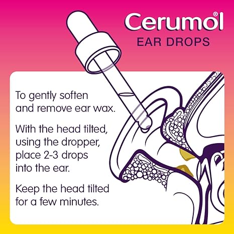 Illustration of Cerumol Ear Drops (10ml) being applied for earwax removal. Instructions: To gently soften and remove excess wax, tilt the head and use the dropper to place 2-3 drops into the ear for optimal hygiene. Keep the head tilted for a few minutes.