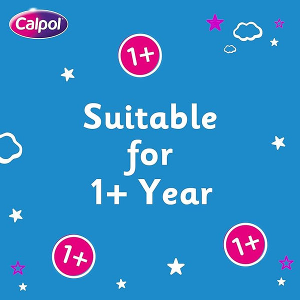 White text on a blue background reads Suitable for 1+ Year next to the Calcough logo. Pink circles labeled 1+ are surrounded by white and pink stars, clouds, and child-friendly designs—ideal for CalCough Childrens Blackcurrant (125ml) syrup to relieve sore throats or coughs.