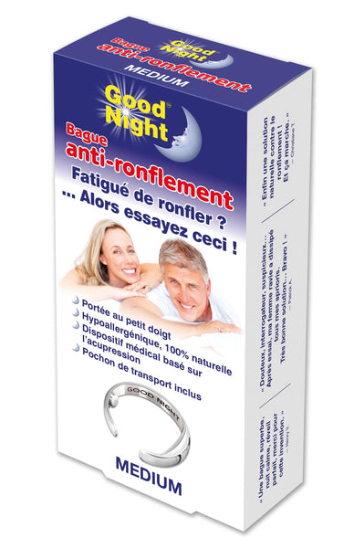 Packaging for Good Night Anti Snoring Ring, Medium Size, showcases a smiling couple. It highlights benefits such as acupressure technology, portability, hypoallergenic material, and includes a travel pouch. The text is in French.