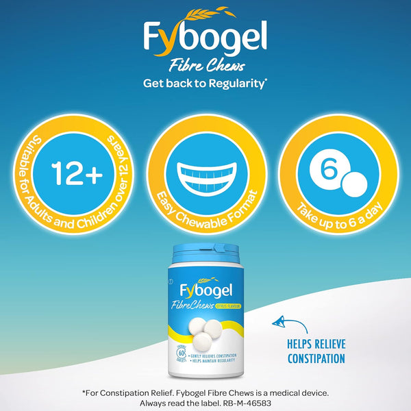 Image of Fybogel Chews 60s Citrus against a blue backdrop. Text highlights benefits: suitable for adults and children over 12, easy-to-chew format, take up to 6 a day. Tagline mentions it aids digestive health and offers effective constipation relief. Brand name: Fybogel.