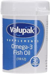 The Valupak Omega 3 Fish Oils Capsules 1000mg, with a blue and white label, supports heart function. This product includes 30 capsules and displays an omega-3 content ratio of 18:12 on the front.