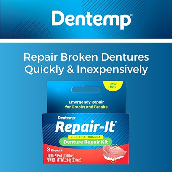 The image features the Dentemp Repair-It (3 Repairs) kit, perfect for dental emergencies. The packaging emphasizes quick, affordable repairs for denture cracks and breaks, with included liquid and powder from the trusted brand Dentemp.