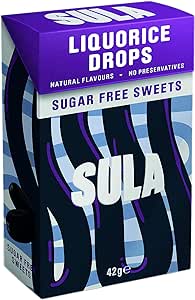 Box of Sula Sugar Free Sweets - Liquorice (42g), a preservative-free treat with liquorice extract. Packaged in stylish purple and black with swirling designs, it offers delightful natural flavors.