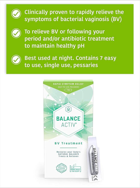 A box and applicator for 121 Pharmacy’s Balance Activ BV Treatment Pessaries (7 Pack) are shown with green checkboxes highlighting clinical proof to relieve BV symptoms, maintain healthy pH, and optimal overnight use.