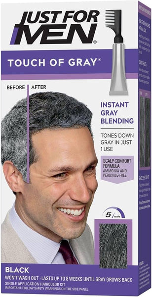 Box of Just For Men Touch of Grey - Black T-55 (1) hair color by Just For Men, featuring a smiling man with graying hair in before and after images. This innovative treatment blends gray instantly for a natural-looking black shade. The package includes a brush applicator and detailed product information.