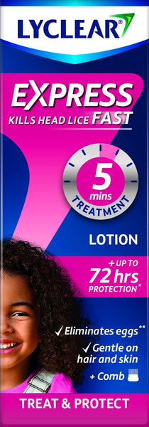 Lyclear Express Treat & Protect Lice Lotion (100ml) promises rapid 5-minute treatment with LPF technology and up to 72 hours of protection. It effectively removes eggs while remaining gentle on hair and skin, with a smiling child on the label symbolizing confidence in its efficacy.