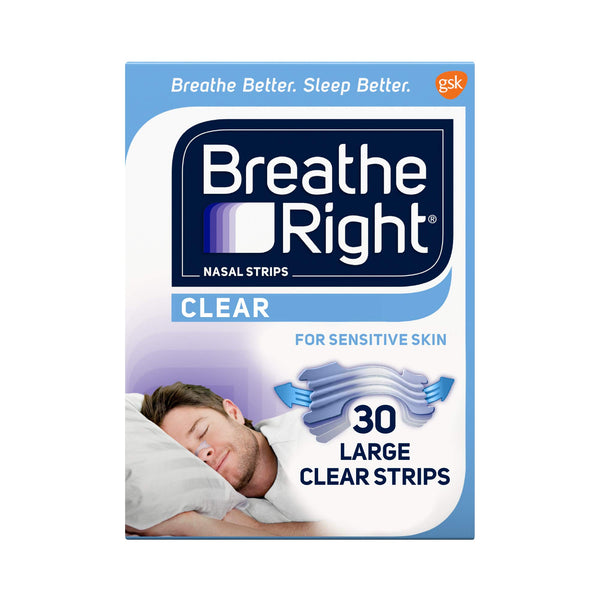 The Breathe Right Nasal Relief for Snoring and Congestion box shows a man sleeping peacefully. The text states, Breathe Better. Sleep Better. Clear. Snoring Reduction. For Sensitive Skin. Includes 30 Large Clear Strips by Breathe Right, with the GSK logo at the top right.