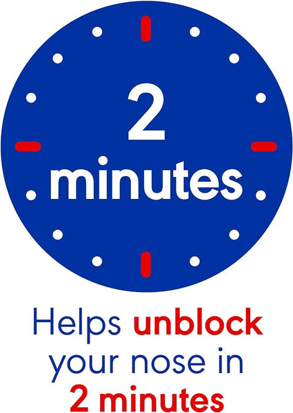 A blue circle with dots shows 2 minutes. Below, it says, Otrivine Allergy Hayfever Relief Nasal Spray (10ml) unblocks your nose in 2 minutes, with unblock and 2 minutes in red. Ideal for allergy symptom relief.