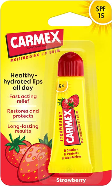 The Carmex Strawberry Lip Balm Tube (10g) features yellow and red packaging with fast acting relief and long-lasting results. It includes an image of strawberries, emphasizing effective lip moisturization, and offers SPF 15 protection.