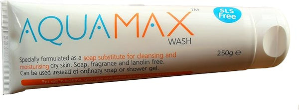 Aquamax Sls Free Wash (250g) by AquaMax is a non-foaming, soap-free substitute that cleanses and moisturizes dry skin. It offers gentle care, free from SLS, soap, fragrance, and lanolin.