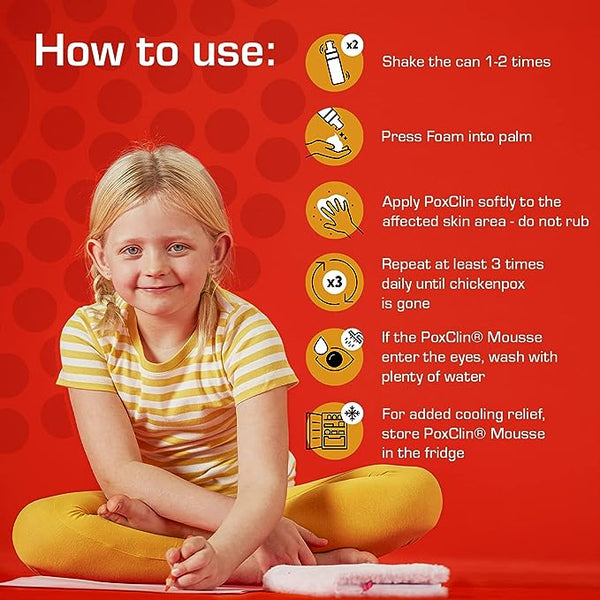 A child smiles cross-legged on a yellow mat against a red backdrop. Illustrated instructions to the right explain how to shake and apply Poxclin Cool Mousse (100ml) using its natural ingredients, offering tips for cooling and soothing chickenpox relief.