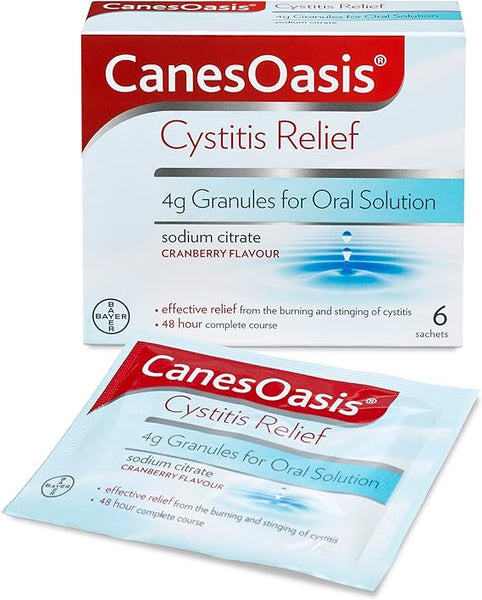 The CanesOasis Canesoasis Cystitis Relief Oral Solution offers cranberry-flavored granules with 4g sodium citrate to reduce urine acidity and relieve cystitis, conveniently packaged in a box of 6 sachets.