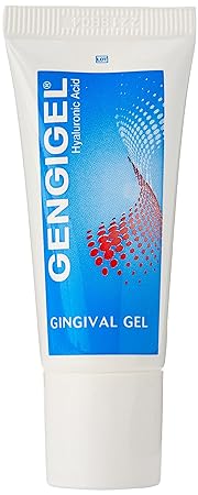 A 20ml tube of Gengigel Range - Mouth Gel is shown. The white packaging features a blue label with the Gengigel brand name and Hyaluronic Acid. It effectively treats gum disease and has a design with red and white dots.