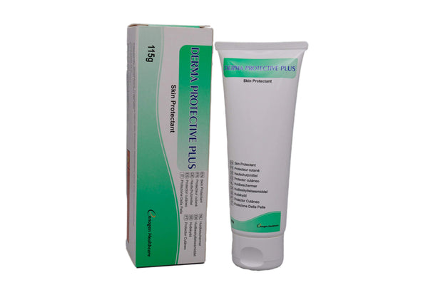 A white and green box next to a tube labeled Derma Protective Plus Skin Protectant Barrier Cream by Ennogen showcases product details. Weighing 115g, it offers superior moisture protection against incontinence dermatitis.