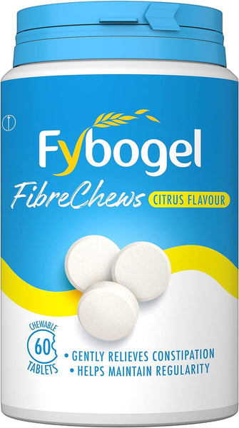 Fybogel Chews 60s Citrus by Fybogel contains 60 white chewable tablets rich in dietary fiber, offering a citrus flavor. The label highlights benefits like Gently relieves constipation and Helps maintain regularity for better digestive health.