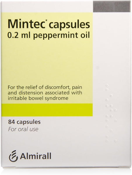 Mintec 0.2ml Peppermint Oil Capsules by Almirall, containing 84 capsules, offer effective relief for digestive discomfort and symptoms linked to irritable bowel syndrome, such as pain and distension.