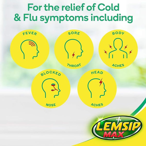 Yellow and green promo graphic for Lemsip Max Cold & Flu (16 Capsules) with icons for symptoms: fever, sore throat, nasal congestion, body aches, and headaches. Text: For relief of cold & flu symptoms including headache relief. Brand: Lemsip.