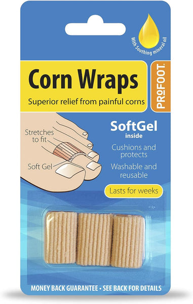 The ProFoot Corn Wraps (3 Pack) provide superior corn relief with SoftGel cushioning. The blue and yellow wraps, infused with mineral oil, are reusable and washable. They stretch to fit comfortably and last for weeks, ensuring effective pain relief.