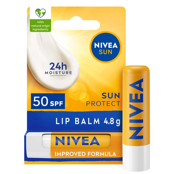 The Nivea Sun Protect Lip Balm SPF50 (4.8g) showcases a vibrant yellow and blue design, highlighting 24h Moisture and enhanced UV protection with natural origin ingredients. Its labeled Nivea Improved Formula for superior UVA/UVB shielding benefits.