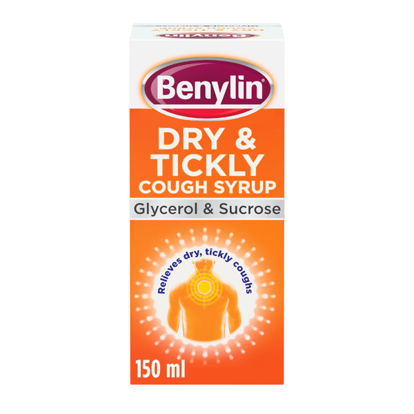 Image of a Benylin Dry And Tickly Syrup (150 ml) box showcasing glycerol and sucrose. The mainly orange packaging with white text features a chest illustration, offering relief for dry, tickly coughs and soothing support.