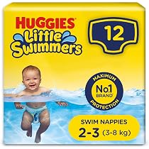 A yellow pack of Huggies Little Swimmers Swim Pants, size 2-3 (3-8 kg), featuring a smiling baby in water on the front. This 12-pack from Huggies highlights Maximum Protection and No.1 Brand.