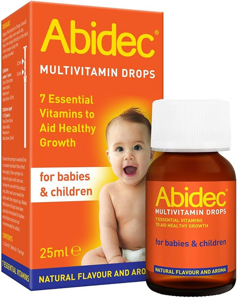 The ABIDEC Multivitamin Drops (25ml) by Abidec come in vibrant orange and yellow packaging with a baby image. They feature 7 Essential Vitamins to Aid Healthy Growth, ideal for supporting childrens development.