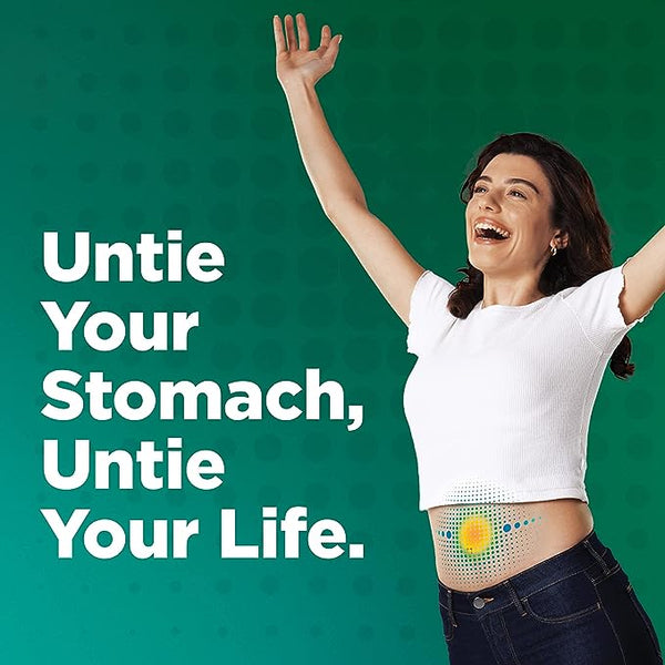 A woman in a white shirt joyfully raises her arms against a green background. Untie Your Stomach, Untie Your Life is displayed, showcasing Buscopan IBS Relief (20 Tablets) with hyoscine butylbromide. A colorful swirl graphic adorns her stomach area.