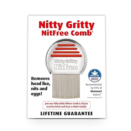 Image of the Nitty Gritty Nit-Free Comb packaging for head lice treatment. The comb, free from pesticides, features its name in red with text detailing its effectiveness against lice, nits, and eggs. It offers a lifetime guarantee and comes recommended by Mumsnet.