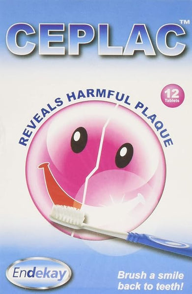 Ceplac Endekay Plaque Disclosing packaging has a smiling pink circle for plaque removal, a toothbrush illustration, and text: Reveals Harmful Plaque, 12 Plaque Disclosing Tablets, and Brush a smile back to teeth! with the Endekay logo for superior oral care.