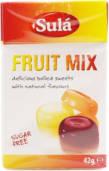 The Sula Sugar Free Sweets - Mixed Fruit (42g) package features vibrant yellow, orange, and red boiled sweets with delicious natural flavors and added Vitamin C for a delightful boost.