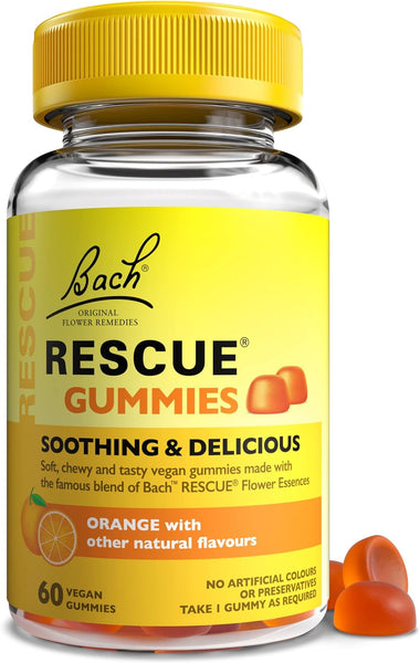 Bach Rescue Remedy Gummies, Orange (Pack of 60), offer natural anxiety relief with a vibrant orange flavor. These vegan gummies have no artificial colors or preservatives, and two gummies are shown beside the bottle, epitomizing Bach Flower Remedies essence.