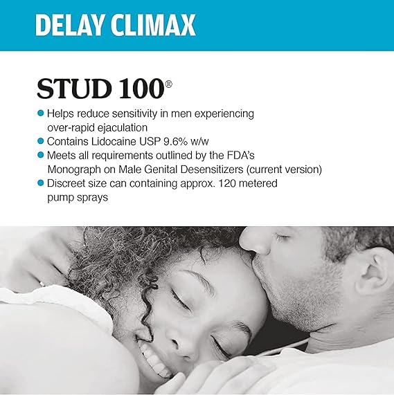 A couple lies closely, one gently kissing the others forehead. The text describes Stud 100 Desensitizing Spray (3 pack), designed to prolong intimacy by reducing sensitivity in men. It contains Lidocaine, meets FDA guidelines, and offers around 120 metered sprays, helping with premature ejaculation.