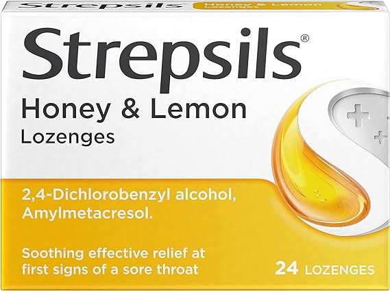 The image displays a box of Strepsils Honey & Lemon Lozenges (24) by Strepsils, promising relief for sore throats with soothing antiseptic ingredients and featuring white and yellow packaging with a honey and lemon design.