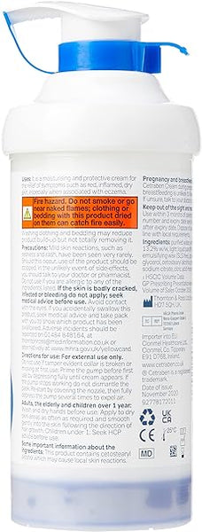 The Cetraben Cream (500g) by Cetraben is a white and blue pump bottle with a side label providing usage instructions, warnings, and fire hazard cautions. Its certified safe for dry, sensitive, and eczema-prone skin, with essential notes for pregnancy and breastfeeding.