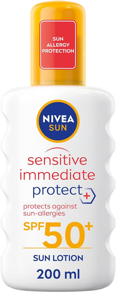 The Nivea Sun Sensitive Allergy Protect Spray SPF 50+ (200ml) features a white bottle with a yellow cap, offers sun allergy protection, and is ideal for sensitive skin.