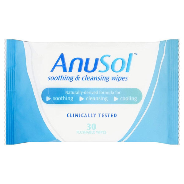 Introducing Anusol Wipes (30): flushable wipes for gentle cleansing with natural ingredients. The blue and white packaging emphasizes their soothing, cleansing, and cooling properties, providing a clinically tested experience.