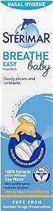 The image shows a Sterimar Baby Nasal Hygiene Spray - 0-3 Years (50ml) package, highlighting its use of 100% natural sea water for infant nasal congestion. Its gentle, steroid, drug, and preservative-free, featuring a dolphin logo with the phrase Sterimar Baby Nasal Hygiene.