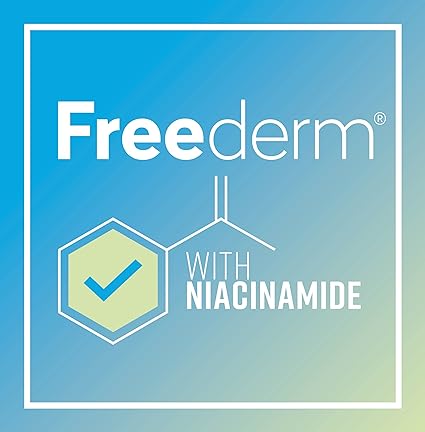 A gradient blue to green background features the text Freederm 10g Acne Gel – 10g Tube for Acne, highlighting its anti-inflammatory properties with a molecule graphic and check mark in a hexagon.