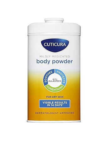 The Cuticura Talcum Powder (150g) container is rectangular with a white top and a gradient yellow-to-white body. Its mildly medicated, perfect for dry skin, and alleviates skin irritations with visible improvements in 14 days.