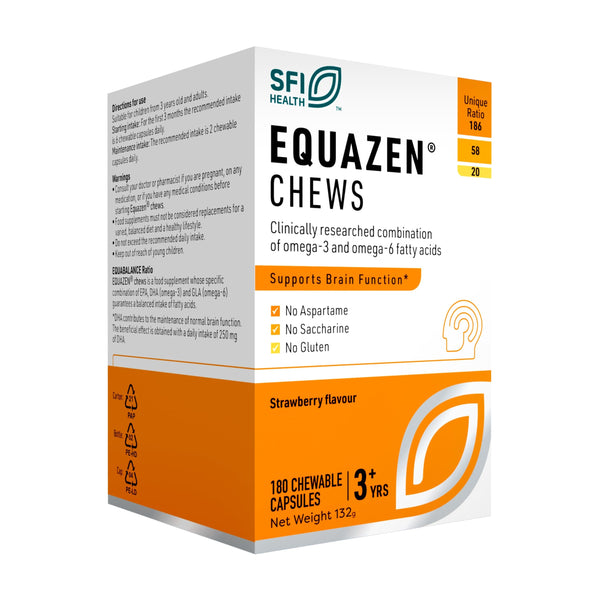 Equazen Childrens Chews (180 chews) by Equazen support brain function with a unique omega-3 and omega-6 ratio. Free from aspartame and gluten, these strawberry-flavored chewables are perfect for children ages 3 and up.